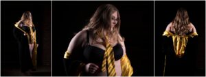 Harry Potter themed boudoir photo with Hufflepuf robes and tie
