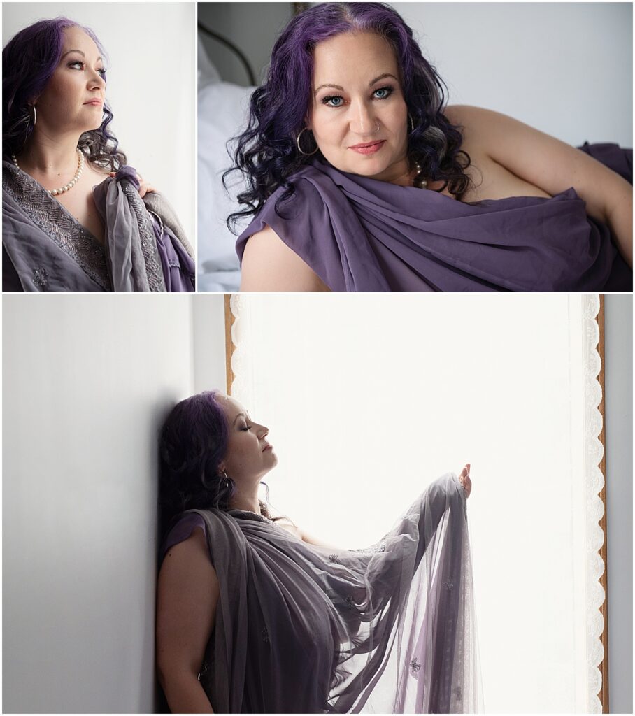 Elegant soft light photos of woman wrapped in a sheer purple scarf