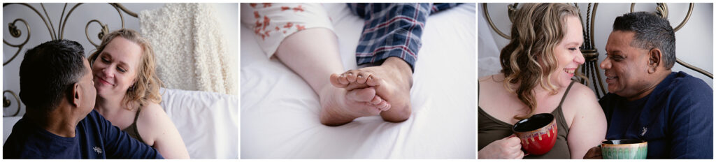 Cute bright couples boudoir photos of a smiling biracial couple having fun