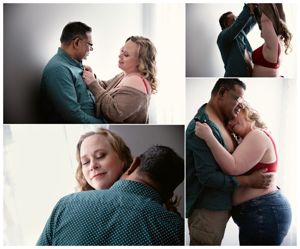 Adorable boudoir photos of happy couple undressing each other, obviously very much in love