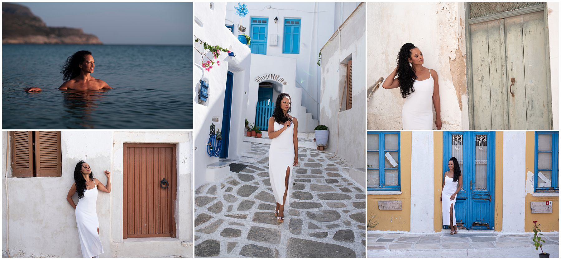 Gorgeous black woman modelling on the streets of Lefkes, on the island of Paros, Greece.