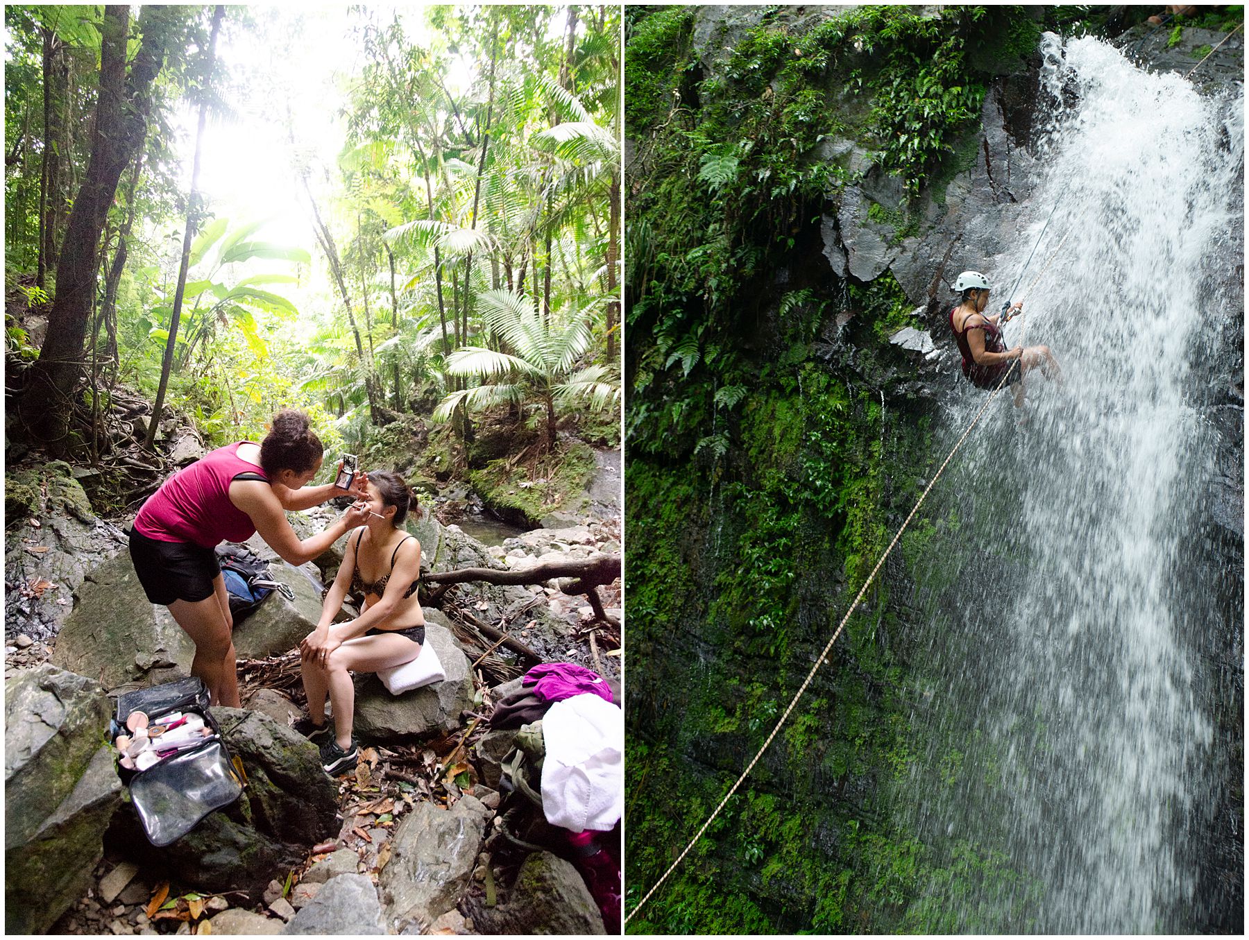 Badass makeup artist doing makeup at the bottom of a waterfall, then rappelling down the waterfall after