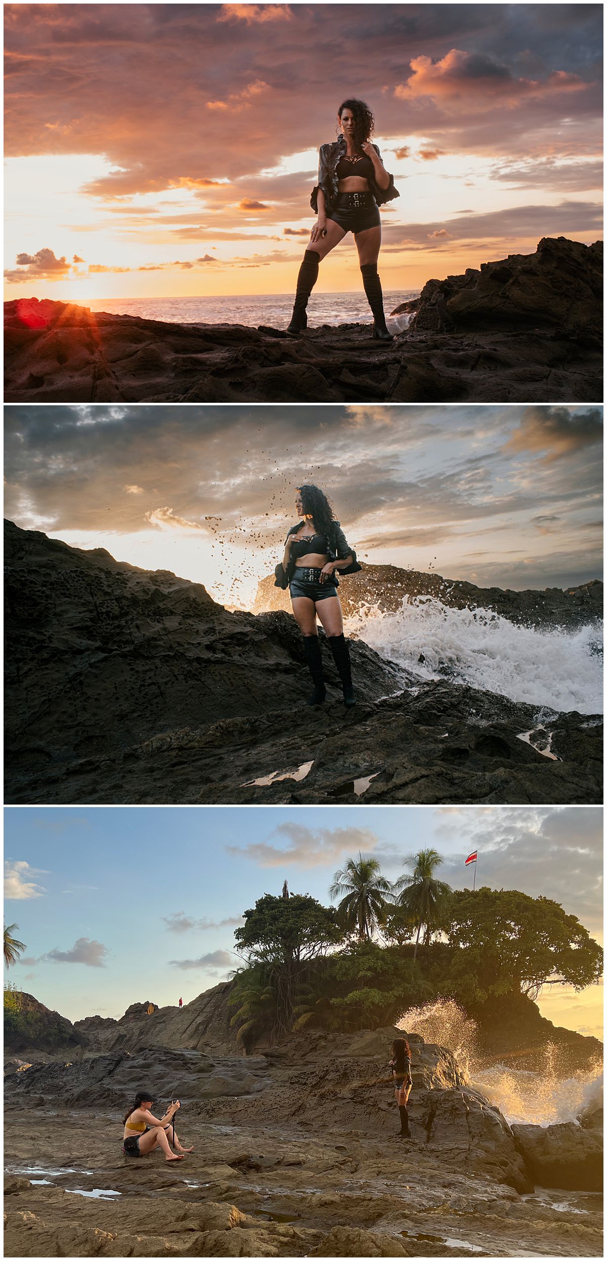 Fabulous Pirate Queen Michelle with waves crashing around her in Costa Rica